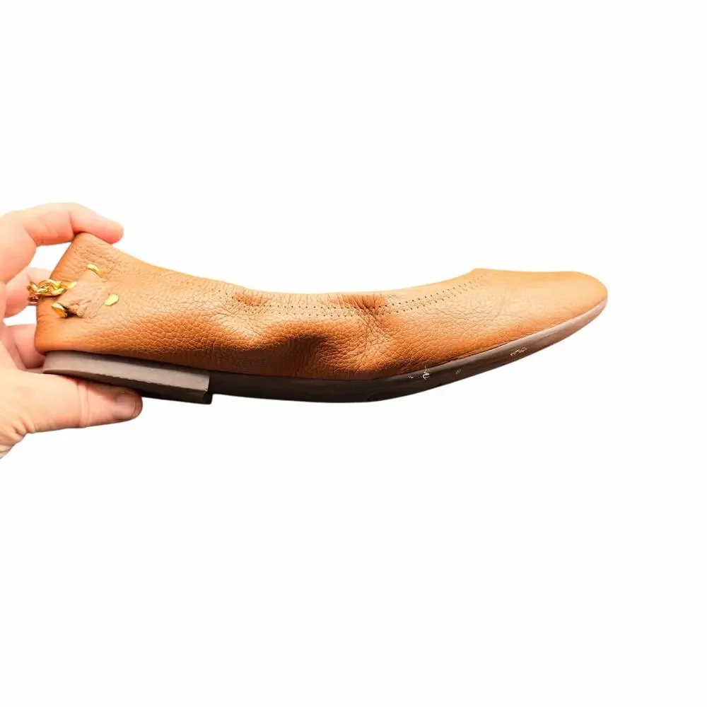 Lauren Ralph Lauren BARB Leather Chain Ballet Flats Tan Gold Hardware 9.5B